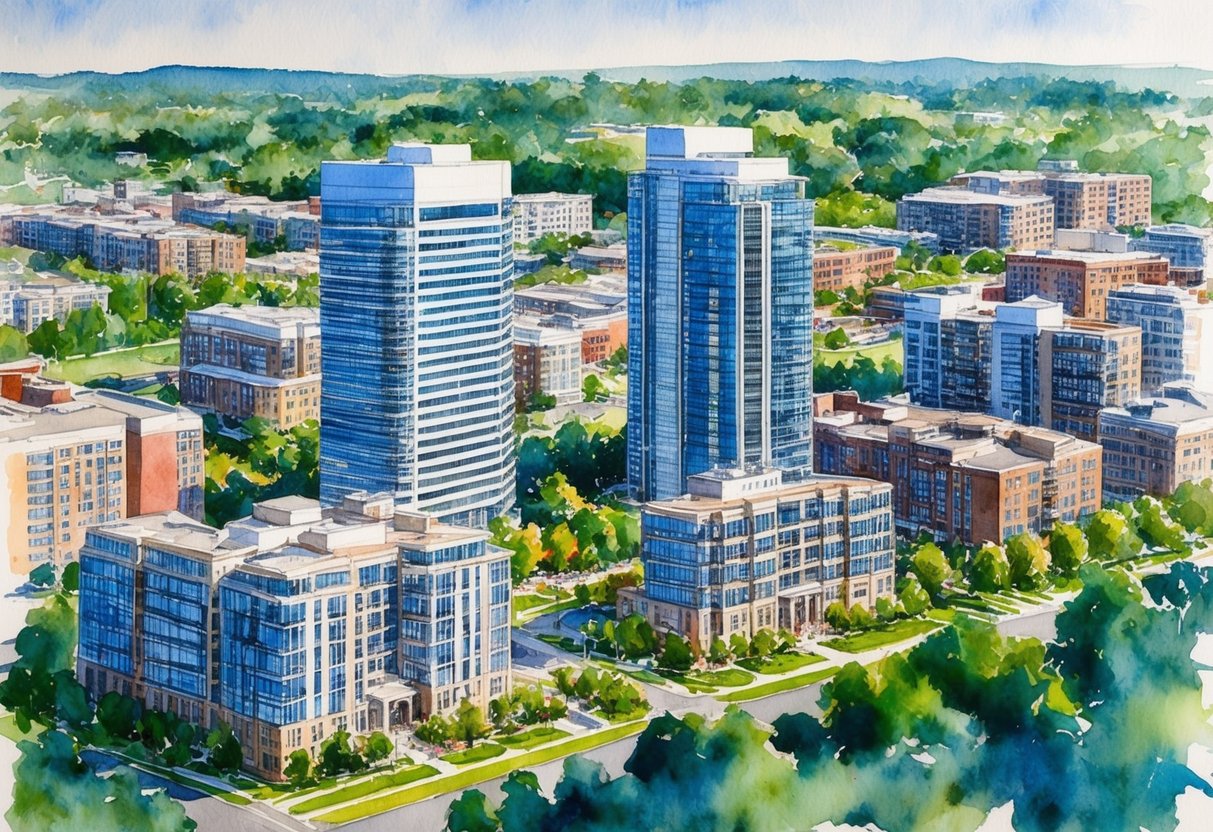 A bustling cityscape with modern office buildings and residential complexes in Raleigh-Durham, NC, surrounded by lush greenery and a vibrant real estate market