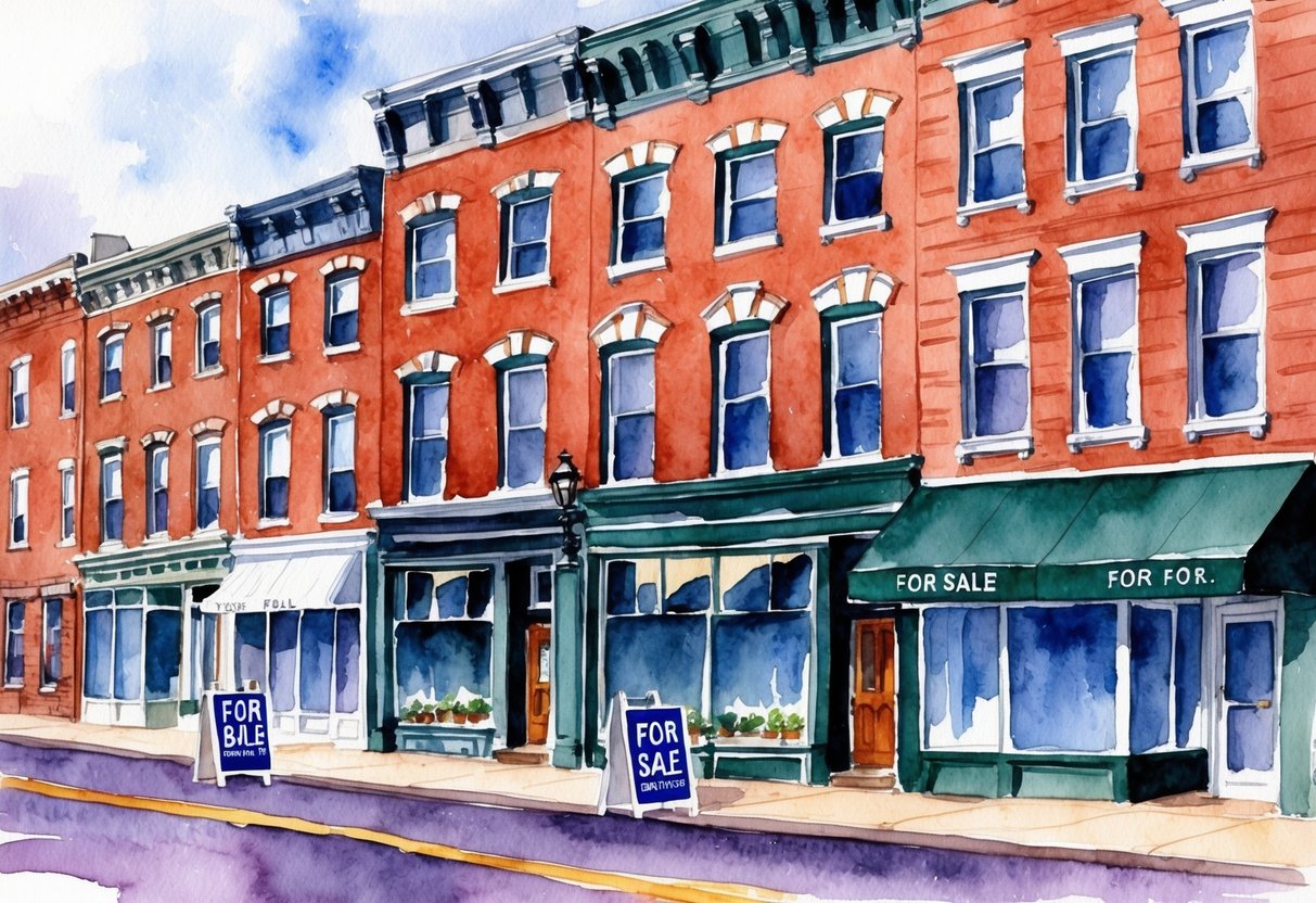 A row of historic brick buildings in downtown Buffalo, NY, with "For Sale" signs in front