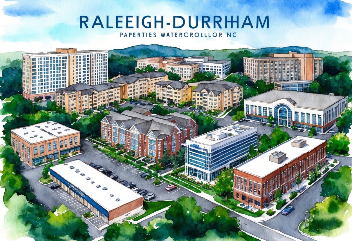 A diverse collection of properties in Raleigh-Durham, NC, including houses, apartments, and commercial buildings, surrounded by lush greenery and blue skies