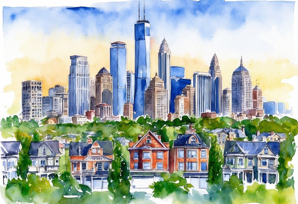 A city skyline with iconic buildings and residential neighborhoods, surrounded by greenery and a bustling real estate market