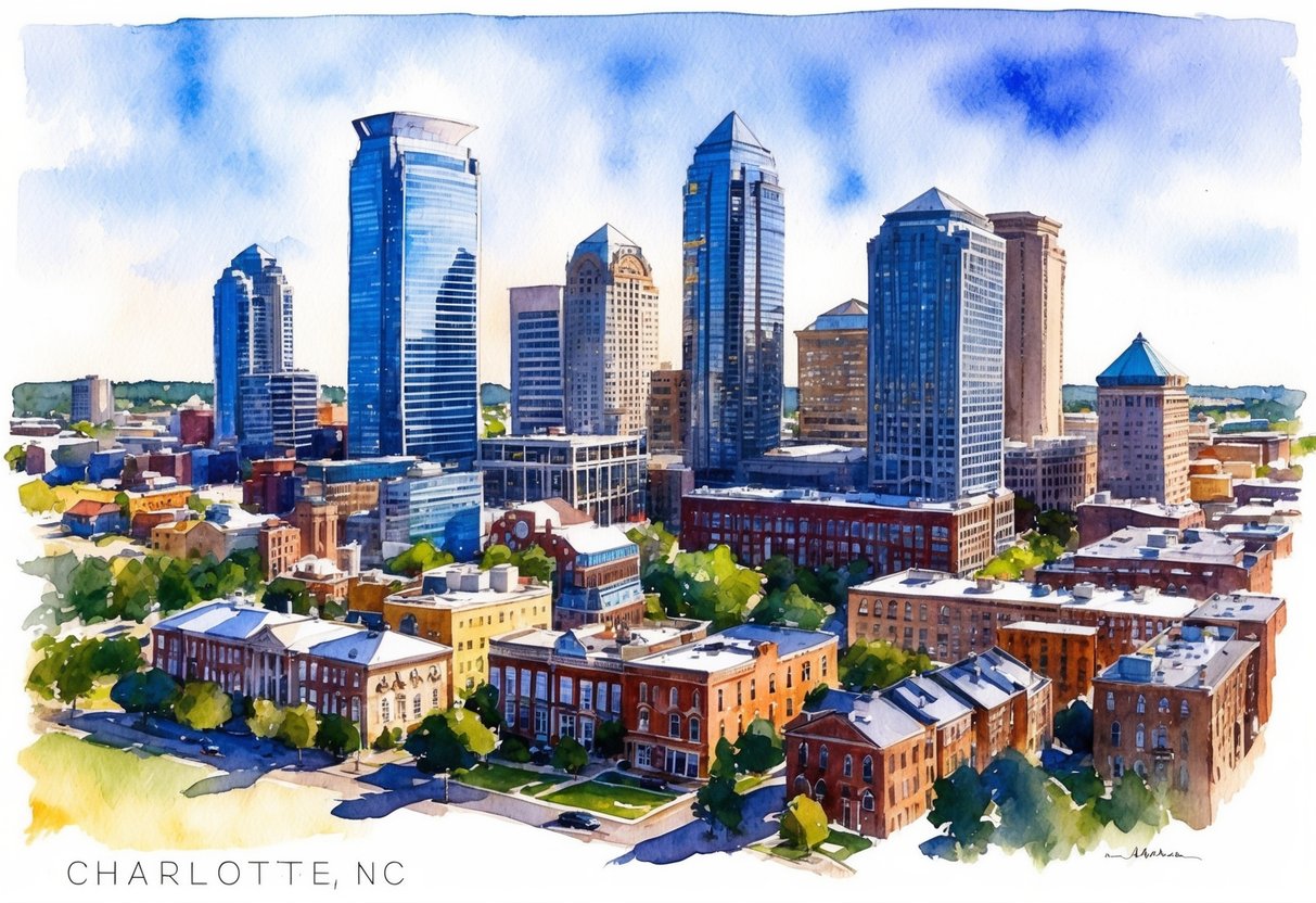 A bustling cityscape in Charlotte, NC with skyscrapers, residential neighborhoods, and a mix of modern and historic buildings