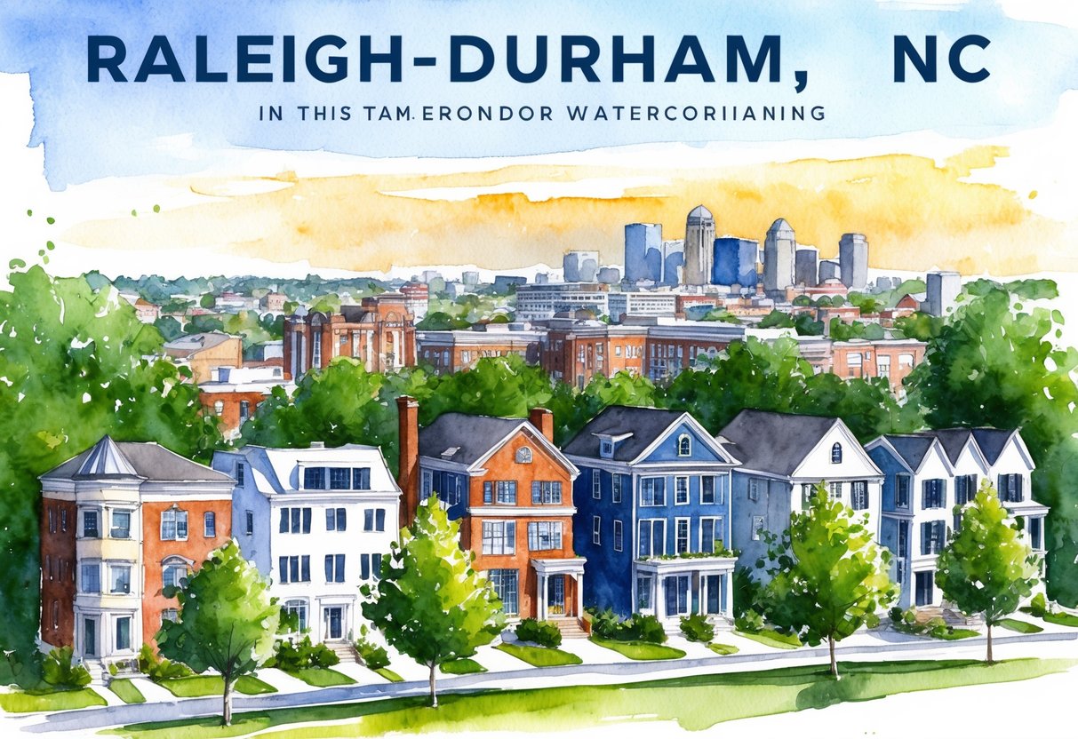 A sunny day in Raleigh-Durham, NC with a mix of modern and historic homes surrounded by lush greenery and a bustling cityscape in the distance