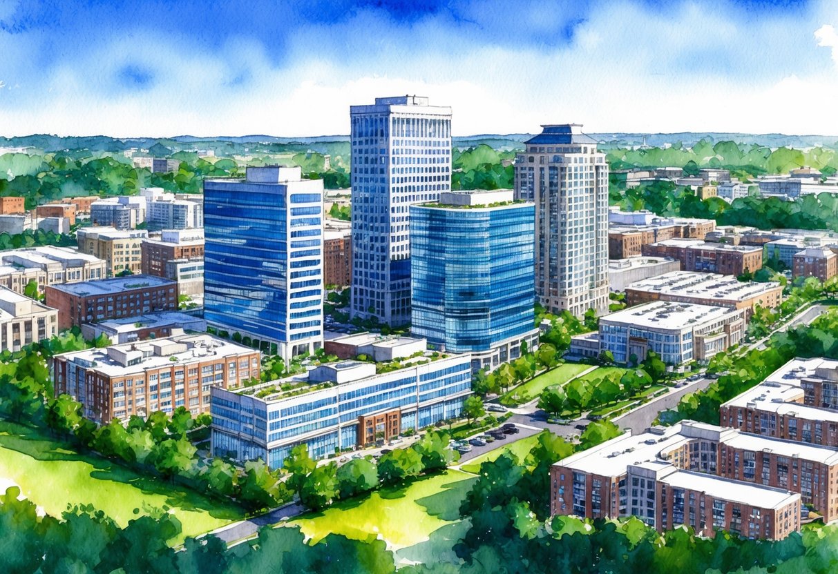 A bustling cityscape of Raleigh-Durham, with modern office buildings and residential complexes surrounded by lush greenery and blue skies
