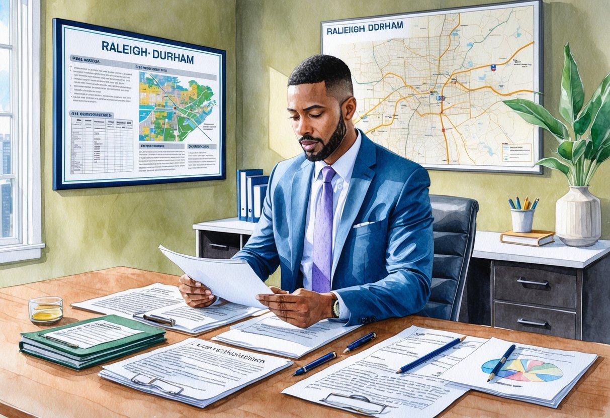 An investor reviewing legal documents and city regulations in a home office, with a map of Raleigh-Durham on the wall