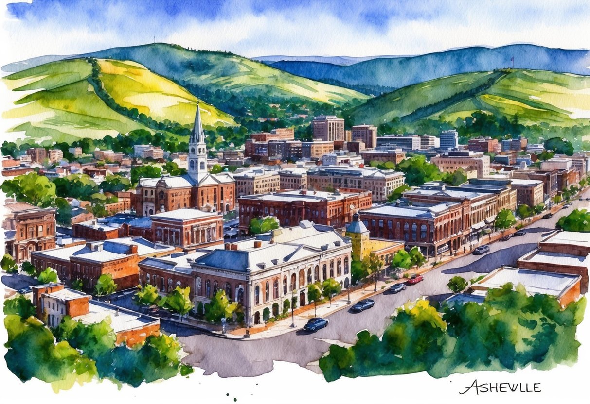 A vibrant cityscape of Asheville, NC, with rolling hills, historic architecture, and bustling real estate activity
