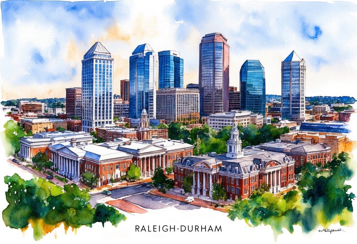 A skyline of Raleigh-Durham with a mix of modern high-rise buildings and historic architecture, surrounded by lush greenery and a bustling city center