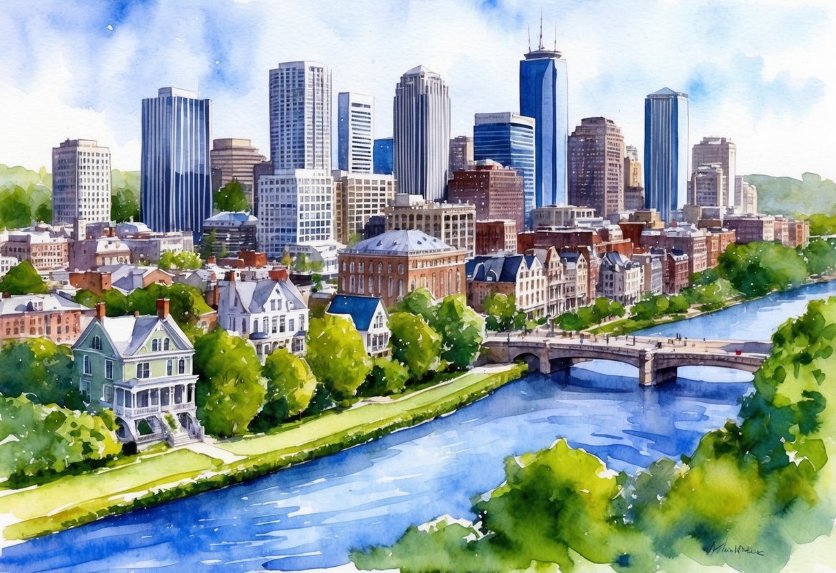 A bustling city skyline with a mix of modern high-rise buildings and historic homes, surrounded by lush greenery and a river flowing through the city