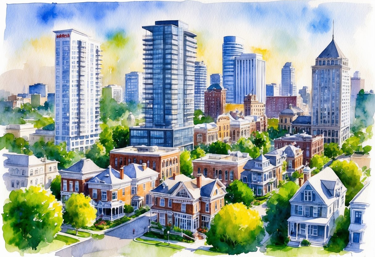 A bustling cityscape with a mix of modern high-rise buildings and historic homes, surrounded by lush greenery and a vibrant downtown area