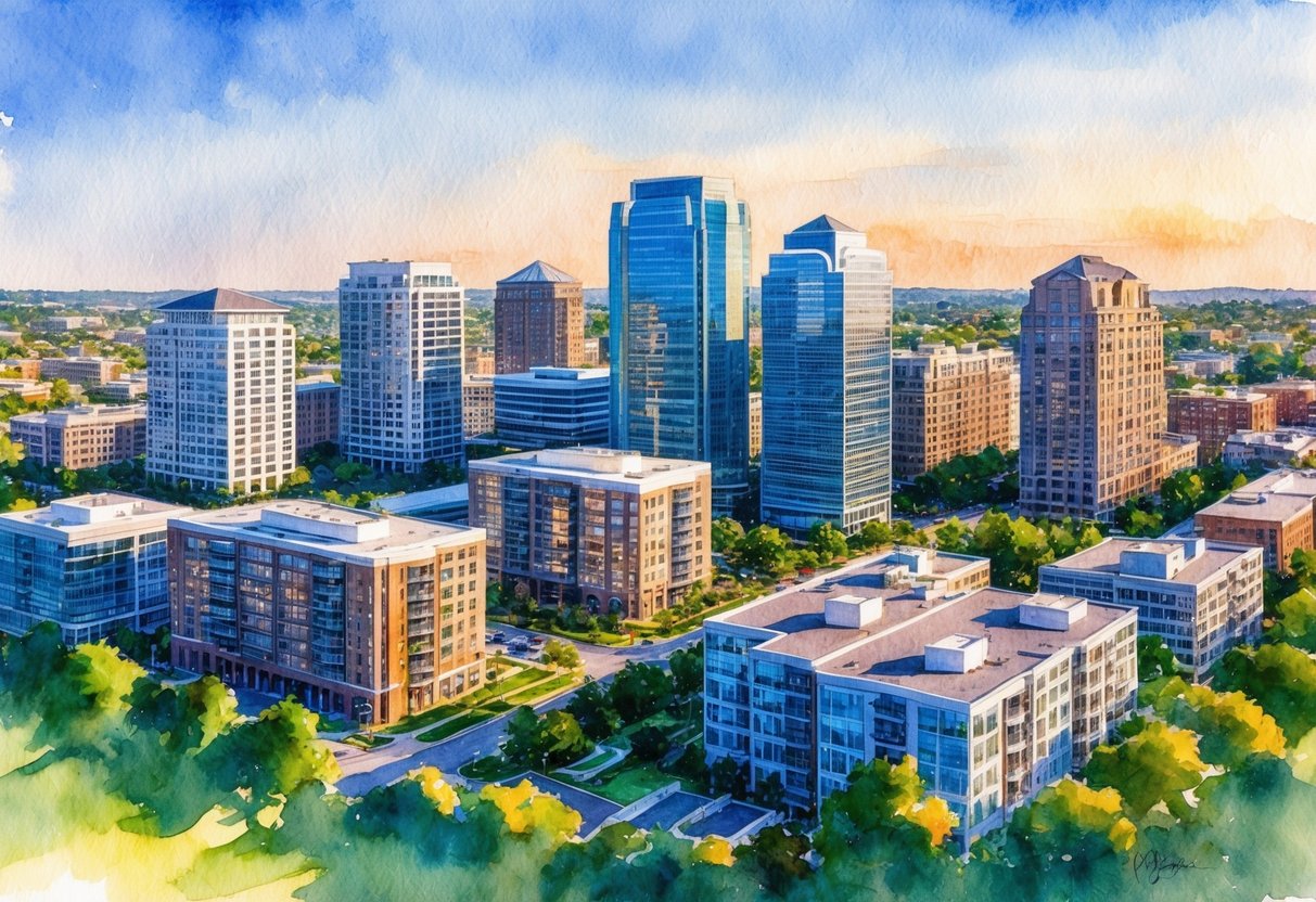 A bustling cityscape with modern office buildings and residential complexes in Charlotte, NC, surrounded by lush greenery and a vibrant real estate market