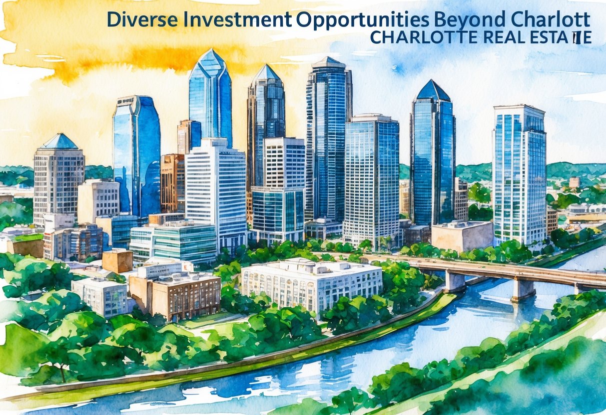 A bustling city skyline with skyscrapers and modern buildings, surrounded by greenery and a river, symbolizing diverse investment opportunities beyond Charlotte real estate