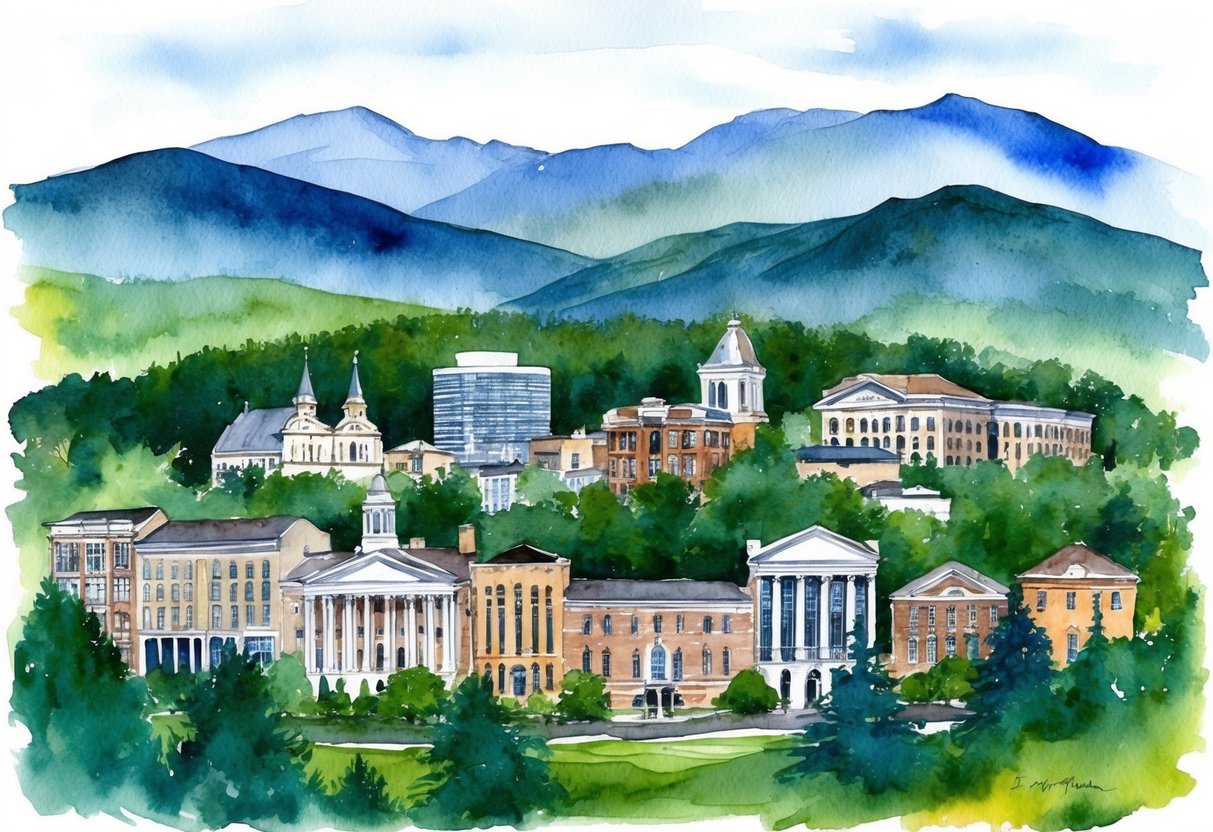 A mountainous landscape with a mix of historic and modern buildings, nestled among lush greenery and surrounded by the Blue Ridge Mountains