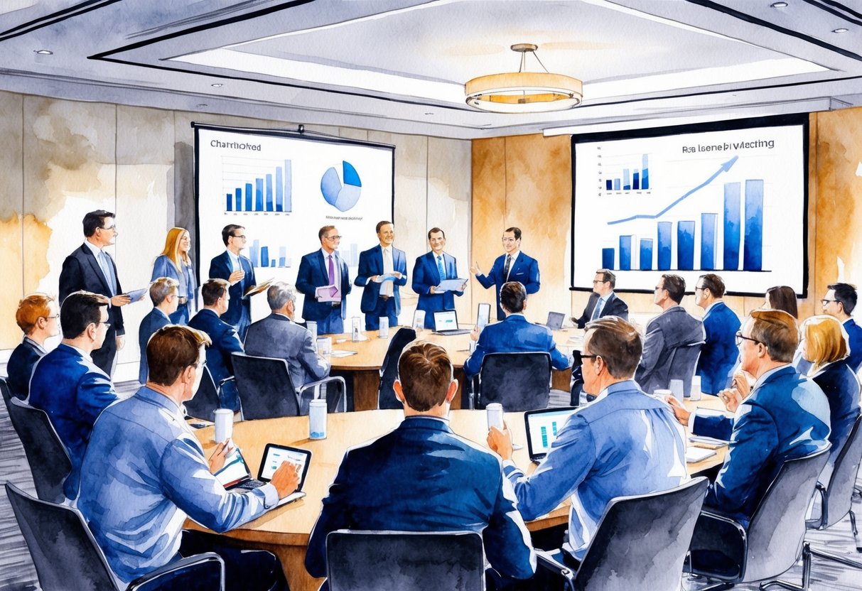 A group of investors gather in a modern conference room in Charlotte, NC. Charts and graphs are projected on a screen as they engage in networking and education on real estate investing