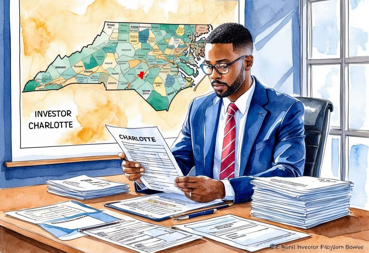 An investor reviewing legal documents and tax forms at a desk in front of a map of Charlotte, NC