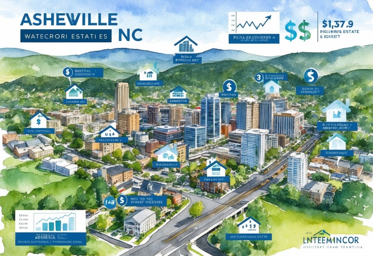An aerial view of Asheville, NC with various real estate properties and investment indicators such as graphs, charts, and dollar signs