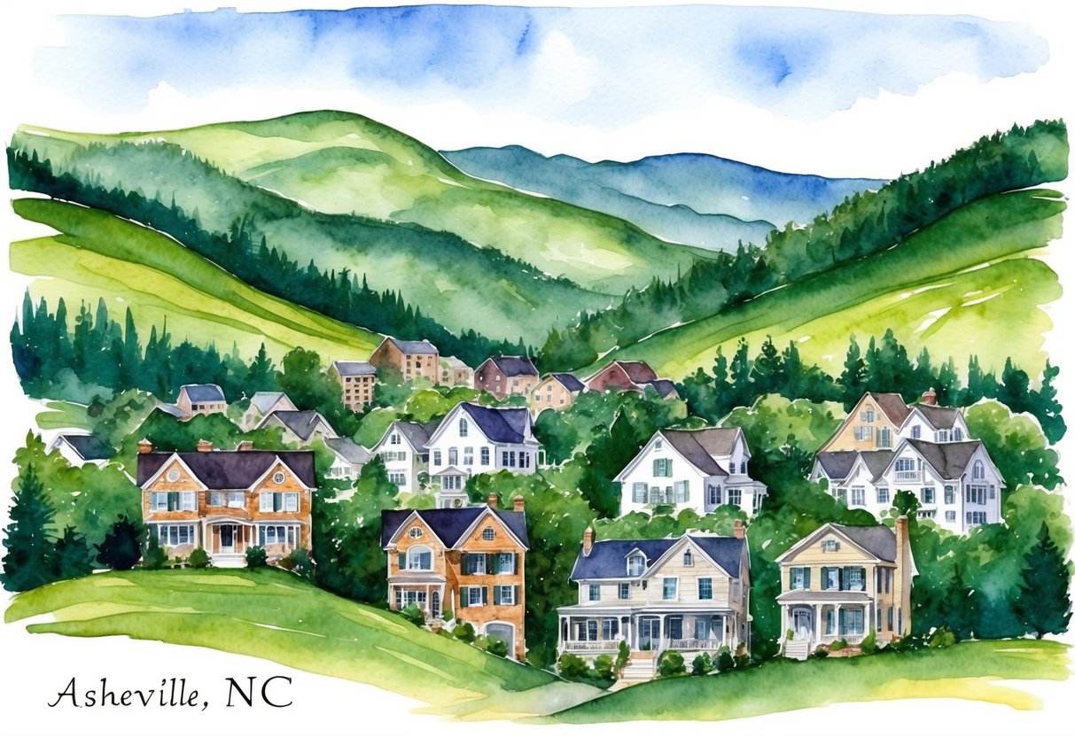 A scenic view of Asheville, NC with rolling hills, lush forests, and charming homes nestled in the mountains