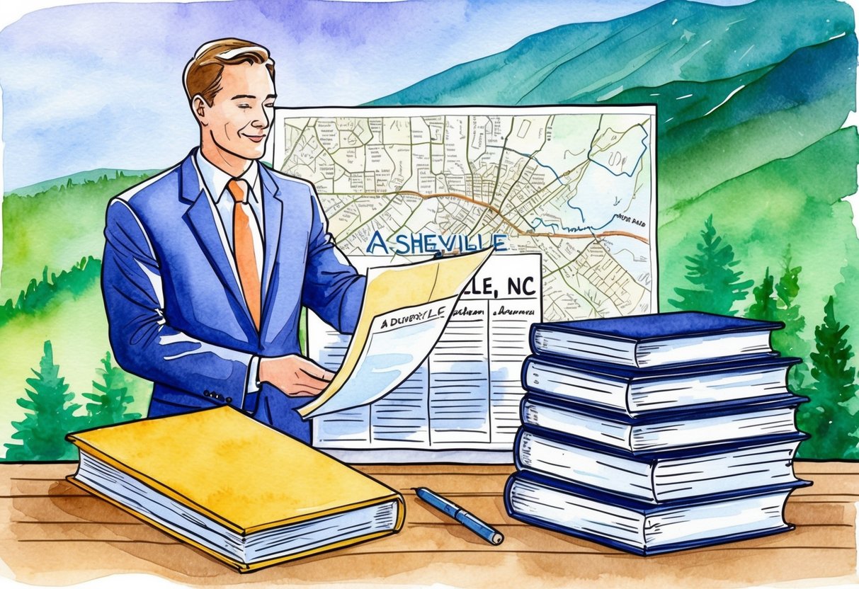 An illustration of a real estate investor reviewing legal documents in front of a map of Asheville, NC, with a stack of books on real estate law nearby