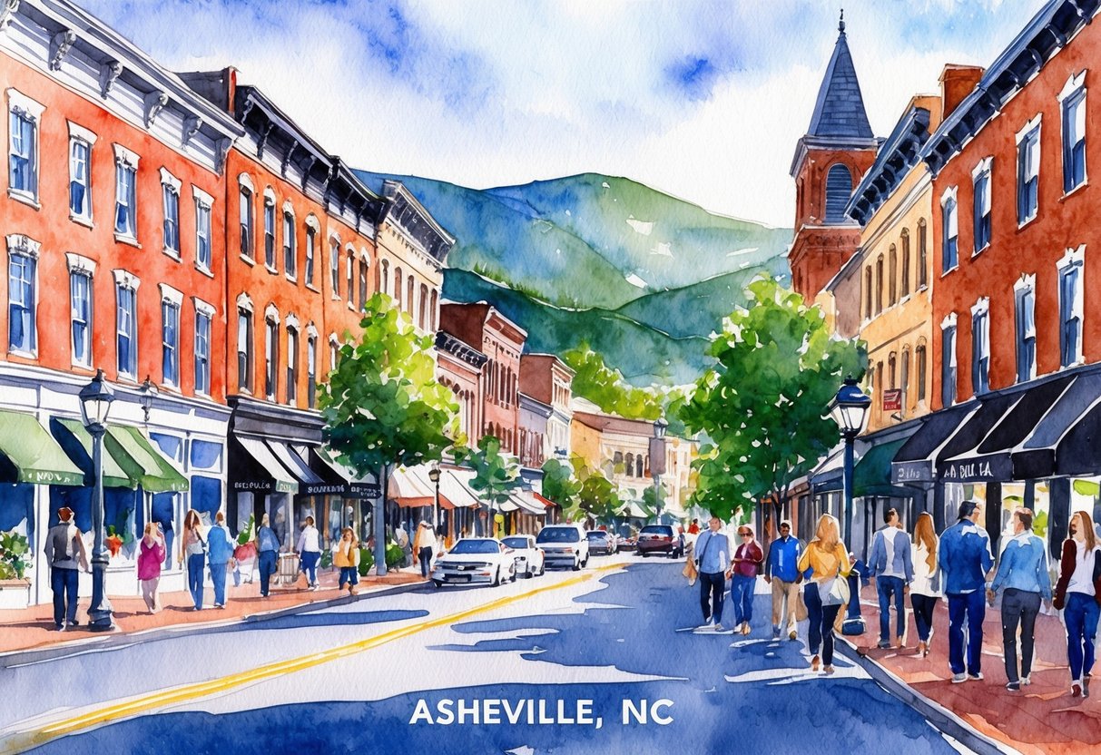 A bustling downtown street in Asheville, NC, lined with charming historic buildings and trendy shops, with a mix of young professionals and tourists