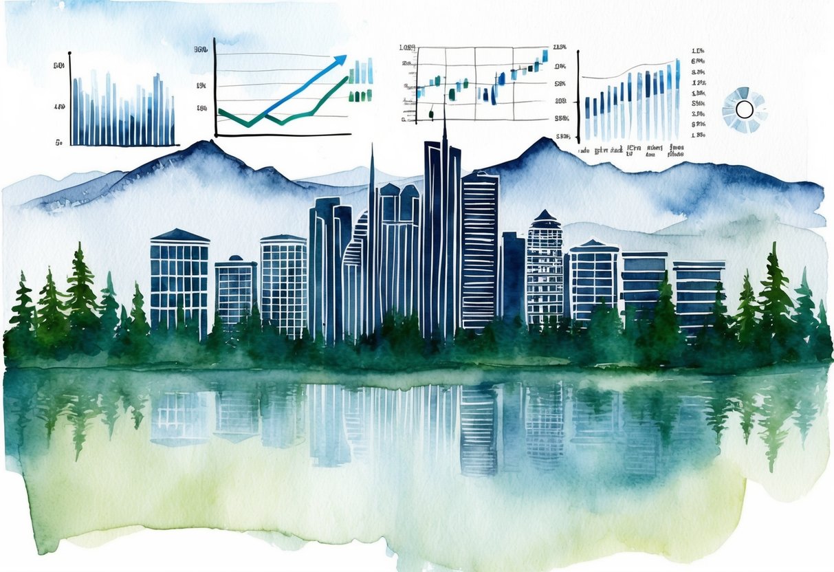 A city skyline with real estate graphs and charts overlaid, surrounded by mountains and forests