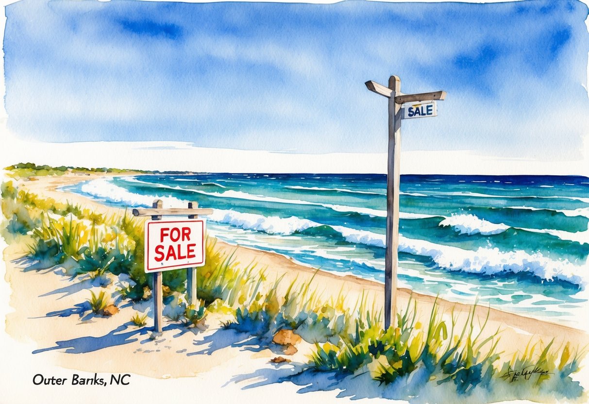 A beachfront property in Outer Banks, NC with a "For Sale" sign, clear blue skies, and waves crashing on the shore