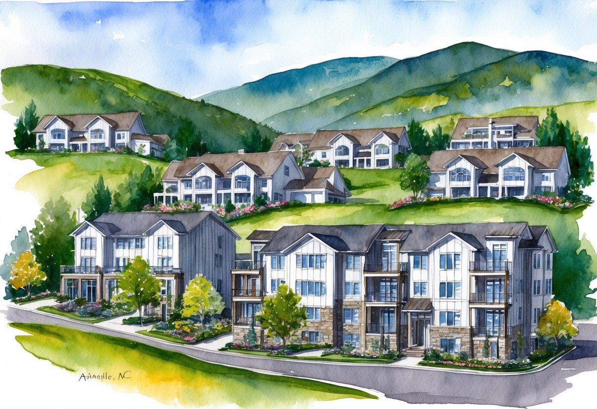 A scenic view of well-maintained properties nestled in the rolling hills of Asheville, NC, with vibrant landscaping and modern amenities