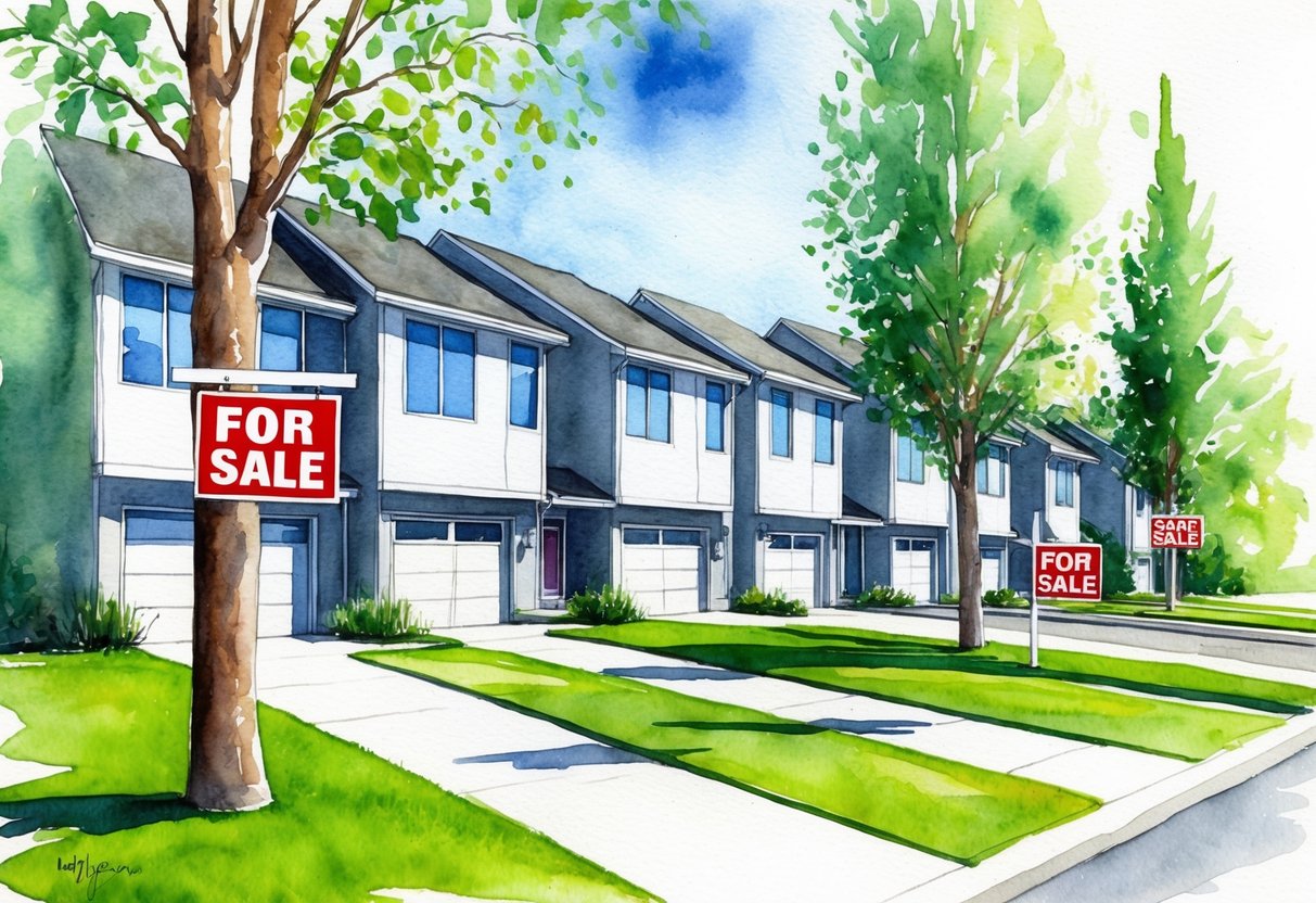 A row of modern homes in Fargo, ND with "For Sale" signs, surrounded by lush green lawns and tall trees