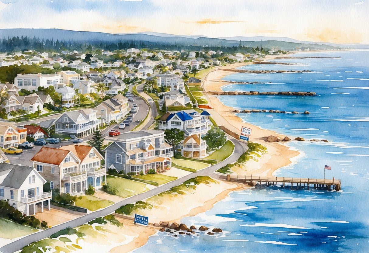 A coastal landscape with beachfront properties, a bustling town center, and real estate signs dotting the area