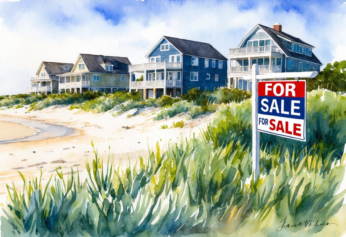 A beachfront property in the Outer Banks, NC with a "For Sale" sign, surrounded by other vacation rental homes and lush coastal vegetation