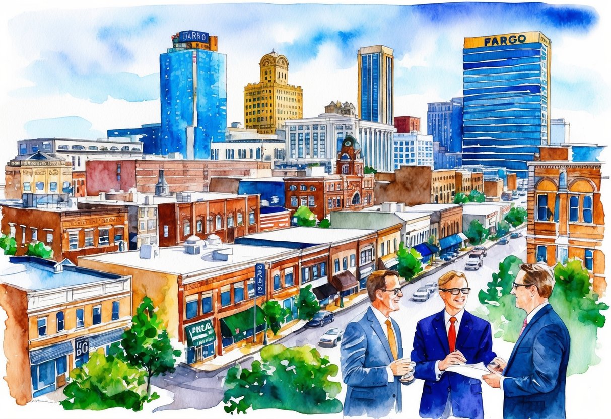 A bustling downtown Fargo with diverse real estate properties and investors discussing investment strategies