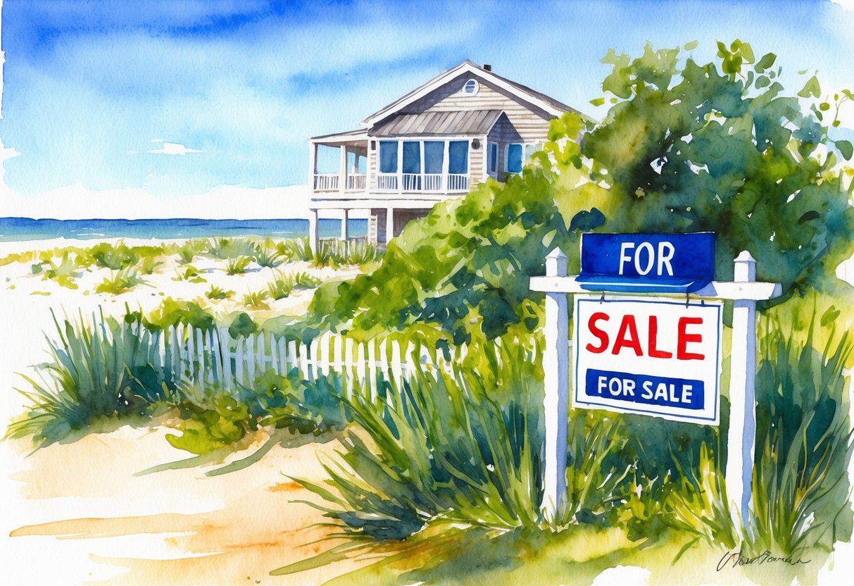A beachfront property in Outer Banks, NC with a "For Sale" sign, surrounded by lush greenery and a clear blue sky