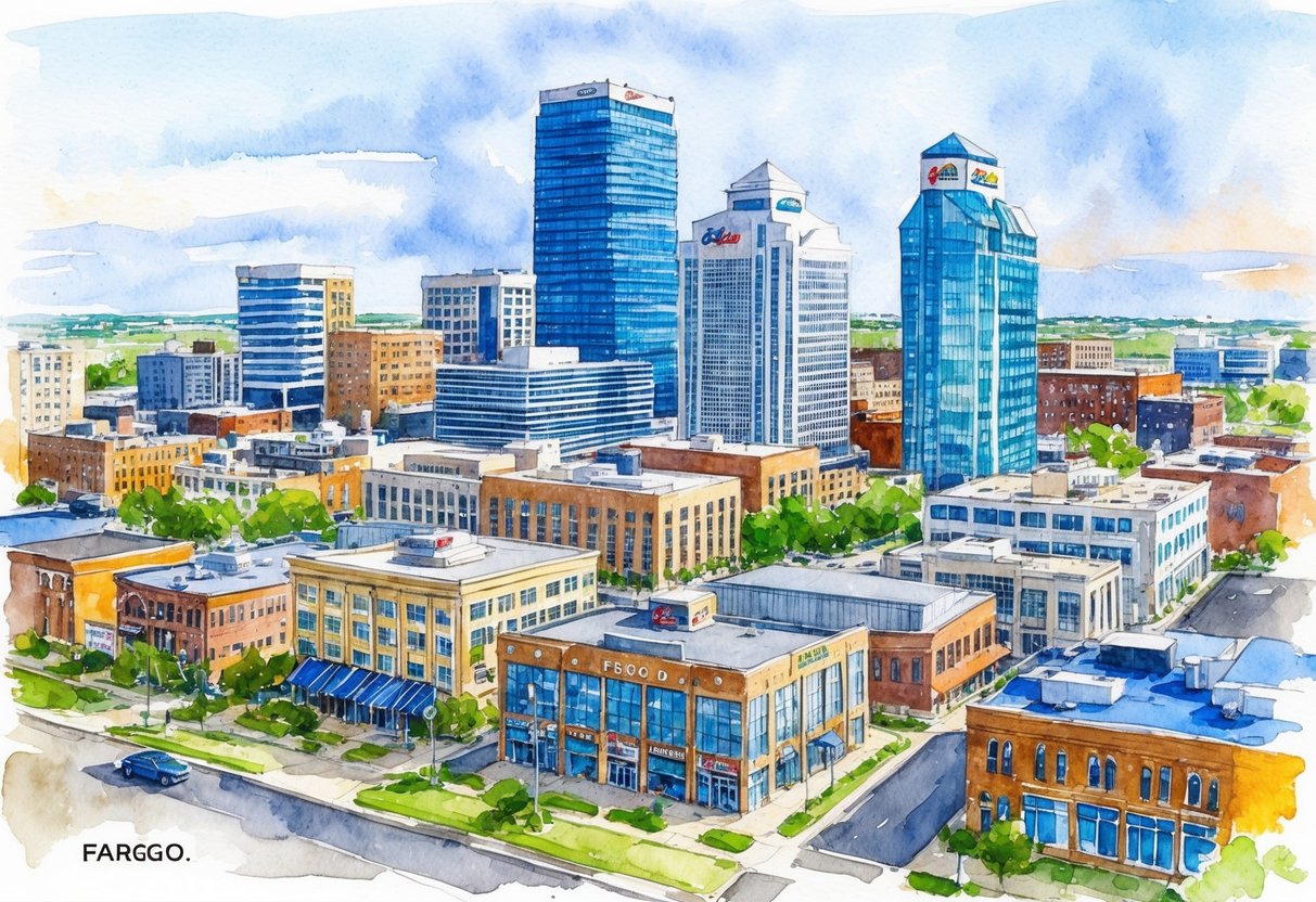A bustling cityscape in Fargo, ND with various real estate properties and financial institutions, showcasing options for real estate investment