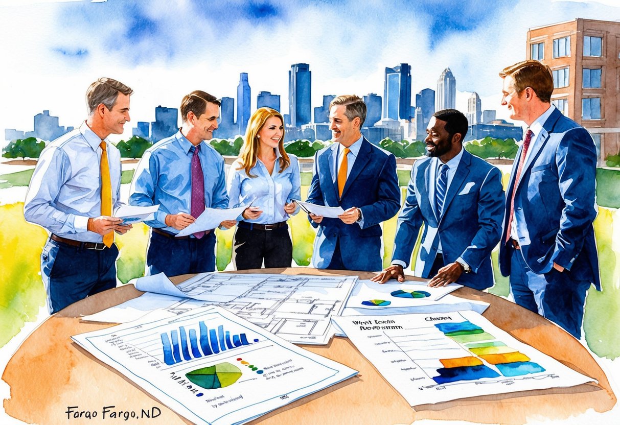 A group of professionals discussing real estate development in Fargo, ND. Blueprints and designs spread out on a table, with a city skyline in the background
