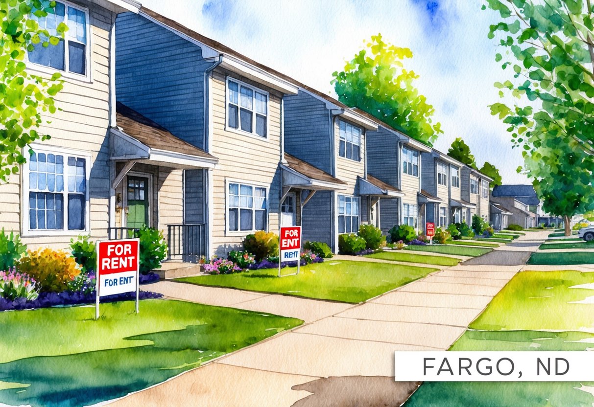 A row of residential properties in Fargo, ND, with "For Rent" signs displayed outside, surrounded by well-maintained landscaping and a peaceful neighborhood atmosphere