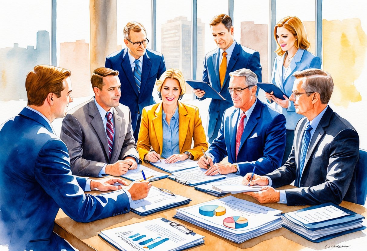 A group of real estate investors in Fargo, ND, consulting with lawyers and regulators, surrounded by documents and charts