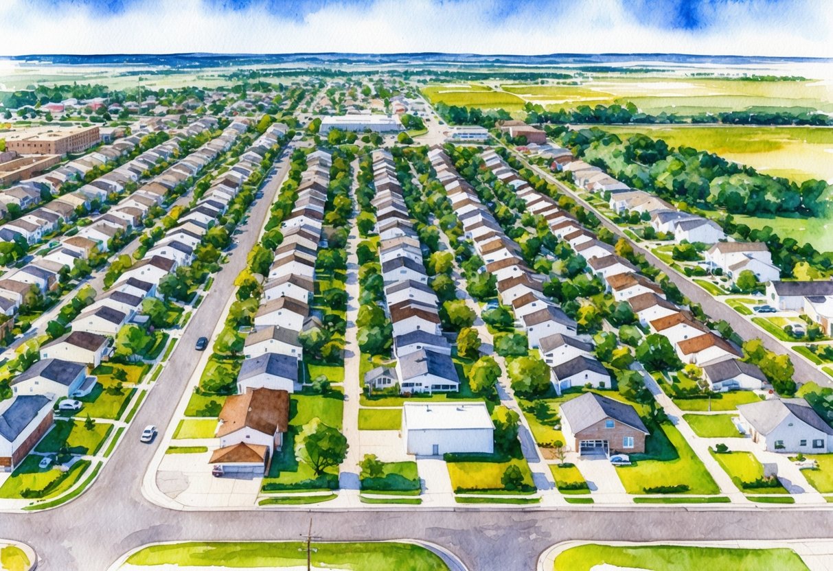 Aerial view of Bismarck, ND with rows of suburban homes, commercial buildings, and open land for potential real estate investment