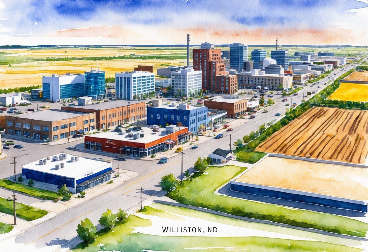 A vibrant cityscape of Williston, ND with modern buildings and bustling streets, surrounded by open prairie and oil fields