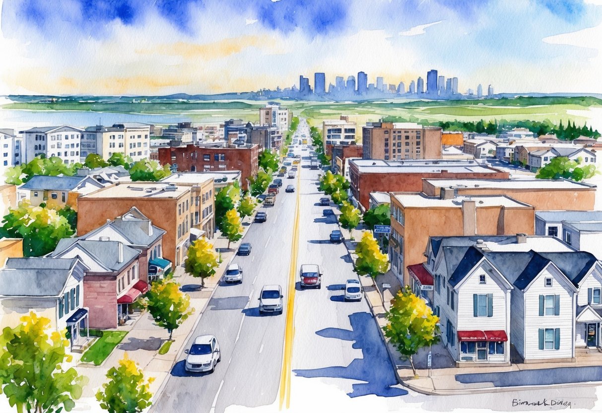 A bustling street in Bismarck, North Dakota, with various real estate properties such as houses, apartments, and commercial buildings. The city skyline and surrounding natural landscape are visible in the background