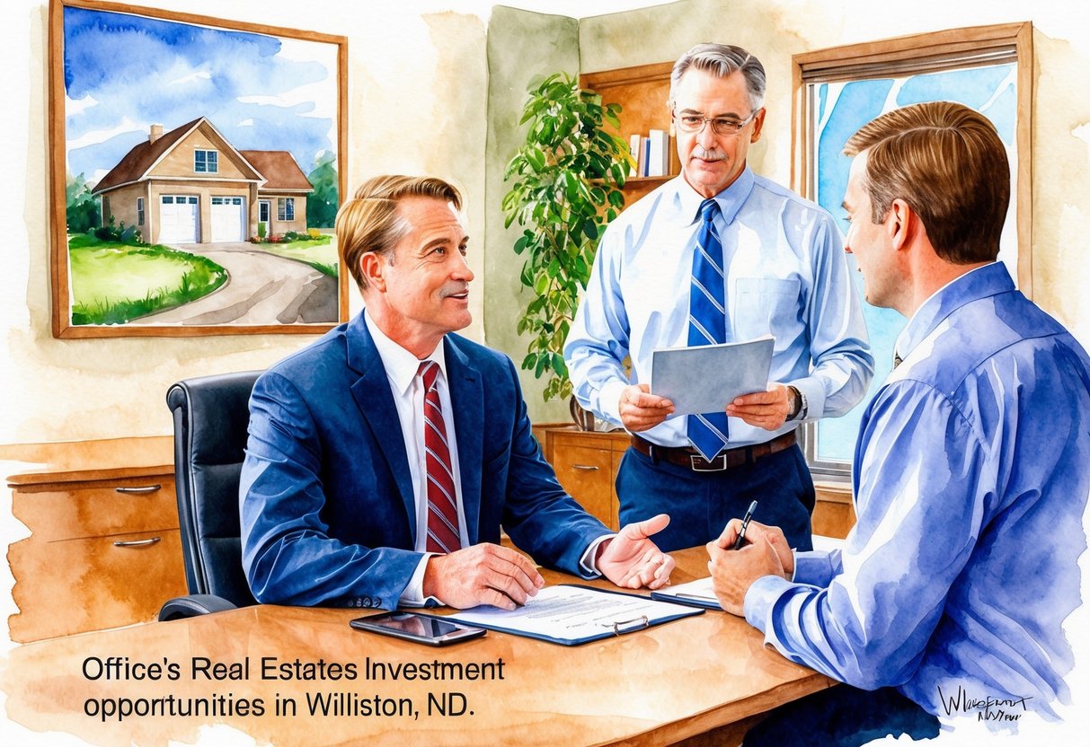 A person meeting with a real estate broker in an office, discussing investment opportunities in Williston, ND
