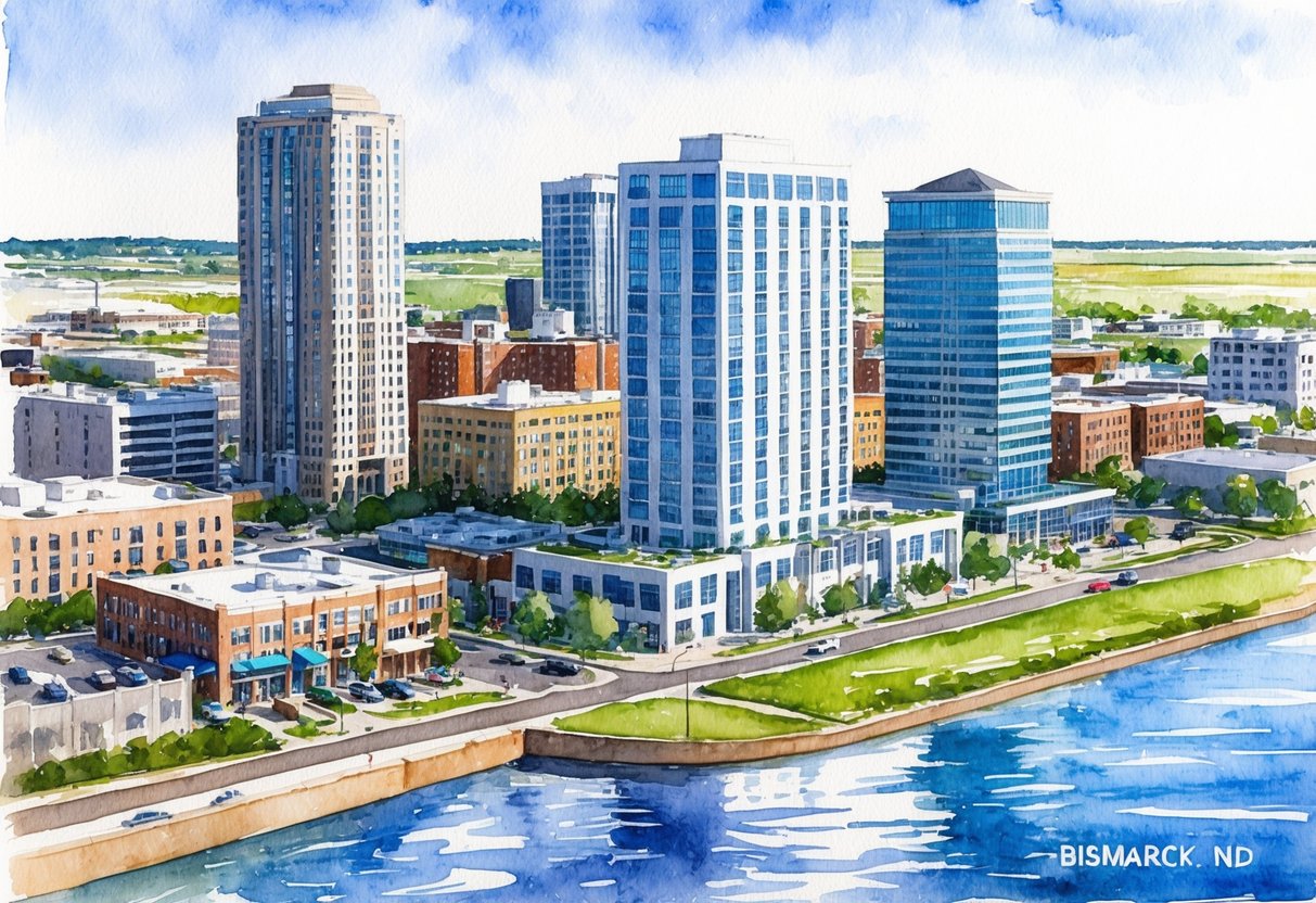 A bustling cityscape in Bismarck, ND with modern high-rise buildings, a riverfront, and a mix of residential and commercial properties
