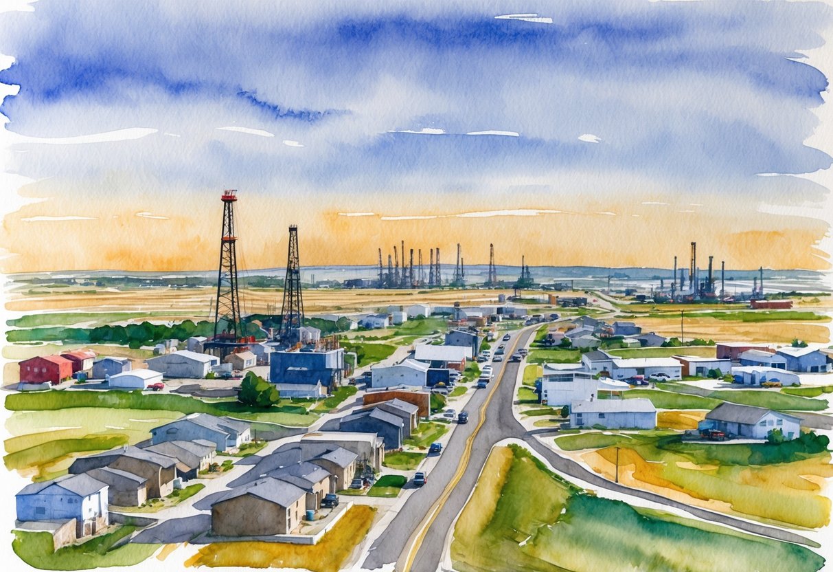 A panoramic view of Williston, ND with various real estate properties, oil rigs, and investment firms in the background