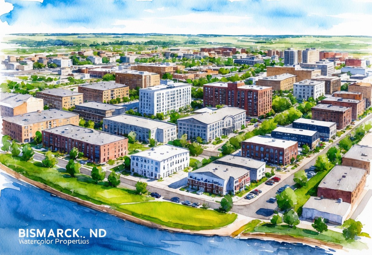 A bustling cityscape of Bismarck, ND with various real estate properties, including residential and commercial buildings, surrounded by greenery and a river