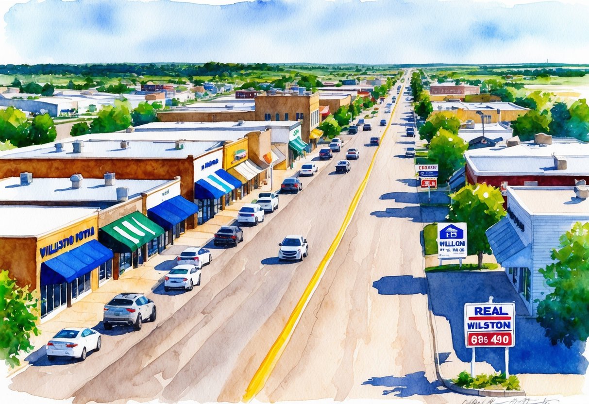 A bustling street in Williston, ND with rows of commercial and residential properties, investors reviewing documents, and real estate signs dotting the landscape
