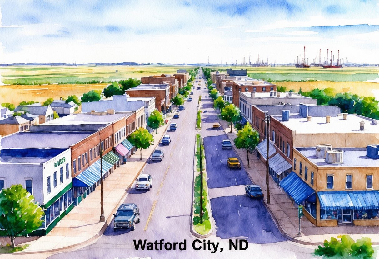 A bustling street in Watford City, ND with a mix of residential and commercial buildings, surrounded by open fields and distant oil rigs