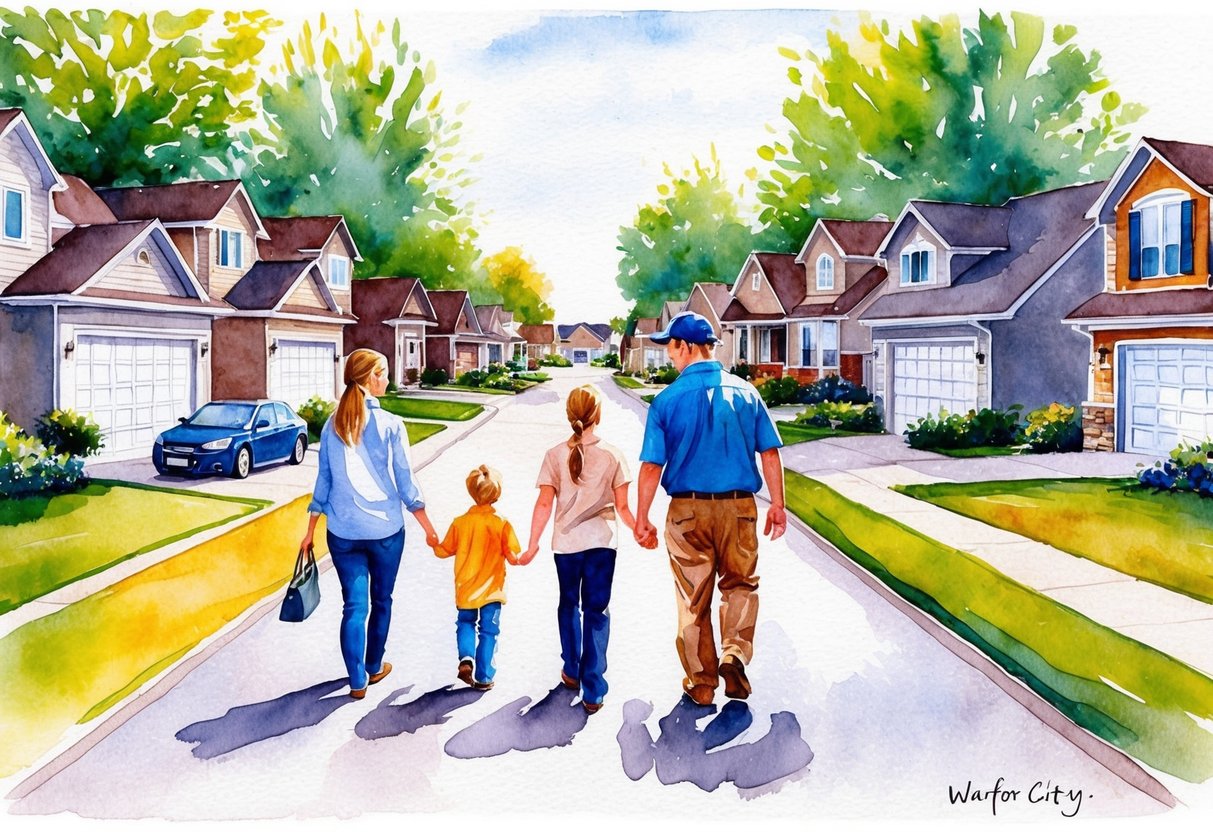 A family walks through a suburban neighborhood, viewing homes for sale with a real estate agent in Watford City, ND