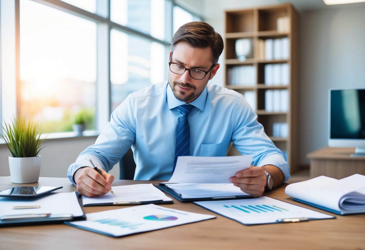 A real estate investor reviewing contracts and financial documents in a modern office in Watford City, ND