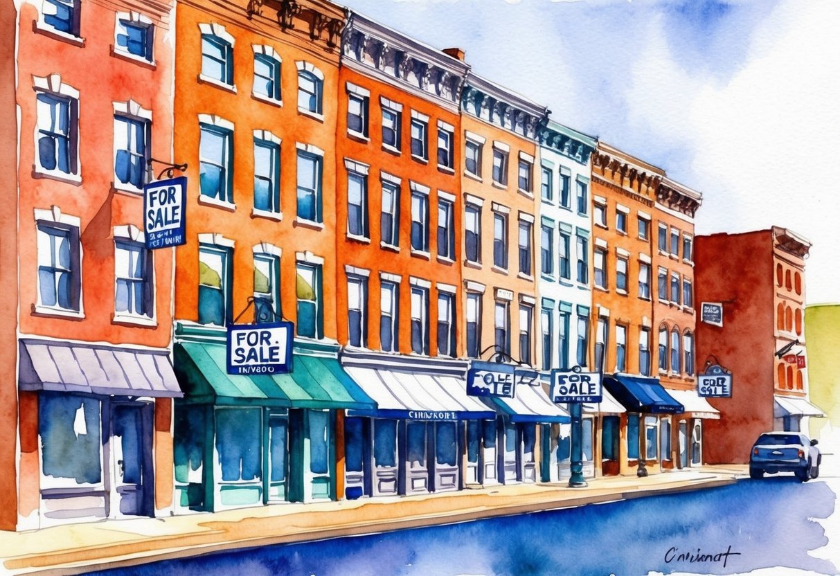A row of historic buildings in Cincinnati, OH, with "For Sale" signs and a bustling real estate market