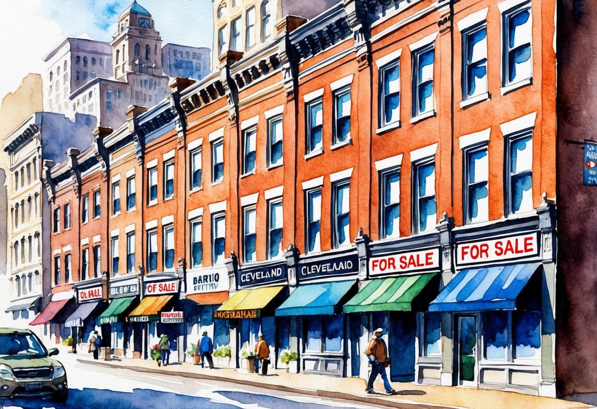A row of historic brick buildings in downtown Cleveland, Ohio, with "For Sale" signs and bustling street activity