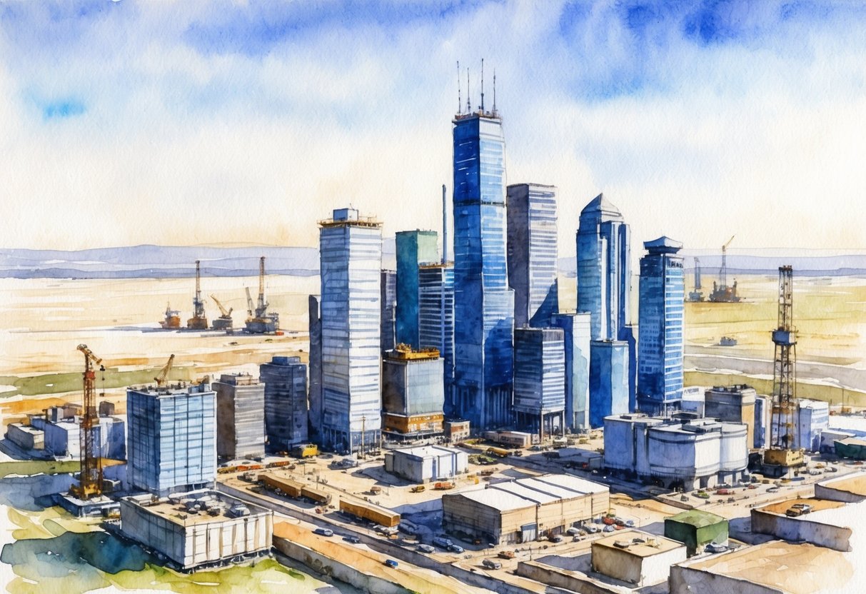 A bustling cityscape with skyscrapers and construction sites, surrounded by vast open land and oil rigs in the distance