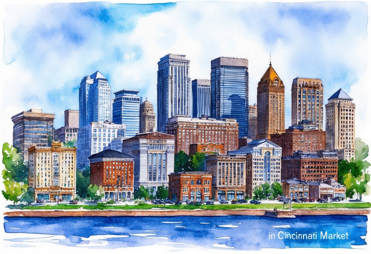A city skyline with various types of buildings, including residential and commercial properties, with a focus on the real estate market in Cincinnati, Ohio