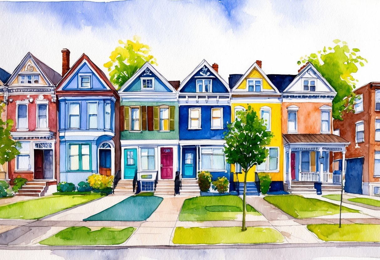 A row of colorful houses in Cleveland, OH with a diverse mix of architectural styles and well-maintained yards