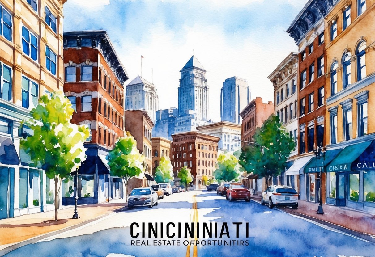 A bustling city street with a mix of historic and modern buildings, showcasing the diverse real estate opportunities in Cincinnati, Ohio